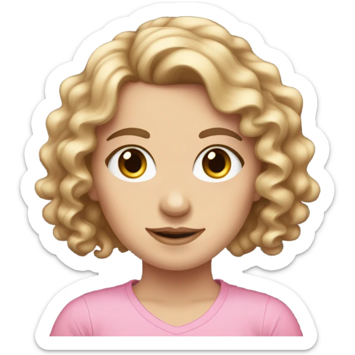 pretty white girl with curly brown hair with coquette bow on her hair and a pink t-shirt sticker