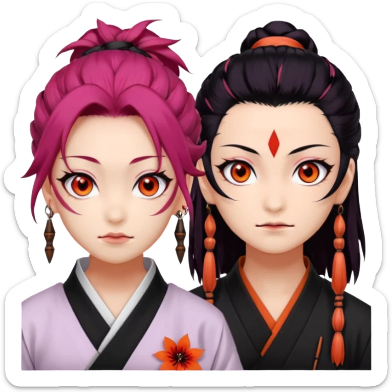 tanjiro: Kind red eyes, black hair with burgundy tips, forehead scar, tanned skin, Hanafuda earrings.                             nezuko:   Pink eyes, black-orange hair, fangs, bamboo muzzle. sticker