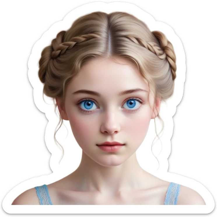 Cinematic Realistic Cinderella Portrait, depicted with lifelike skin texture, subtle rosy undertones, and soft natural lighting that enhances the gentle contours of her face. Her intricately detailed golden blonde hair is elegantly styled in an updo, with delicate wisps framing her face for added realism. Her deep, expressive blue eyes radiate warmth and sincerity, reflecting a quiet resilience and grace. She is dressed in her iconic ball gown, the fabric shimmering with intricate embroidery and fine translucent layers that catch the light beautifully. The soft sheen of satin gloves and the delicate sparkle of a glass-like slipper peeking from beneath her dress add a touch of magical realism. The portrait features an enchanting glow with a natural, luminous finish, seamlessly blending realism and fairytale charm to evoke a sense of depth, elegance, and timeless beauty. sticker