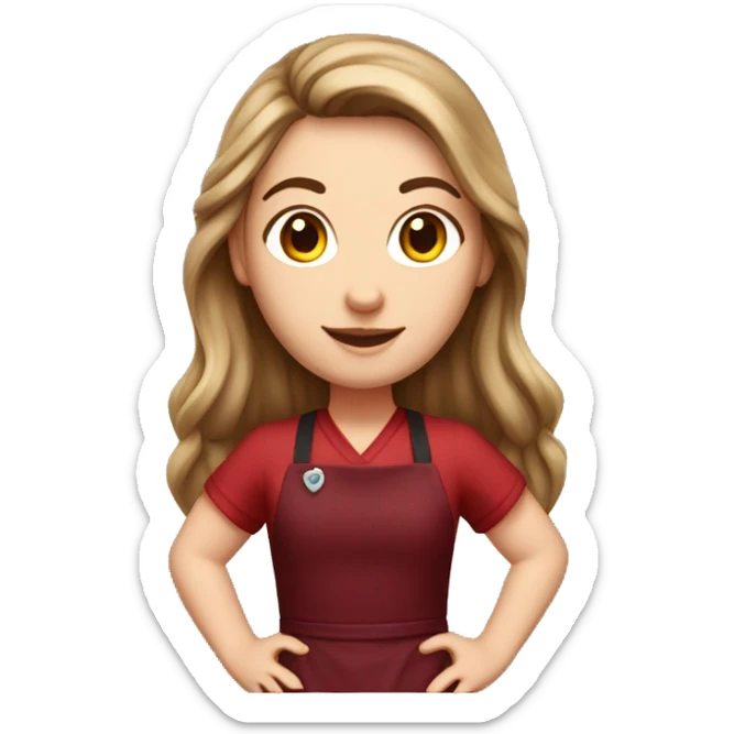a white girl with long brown hair in a burgundy apron sticker