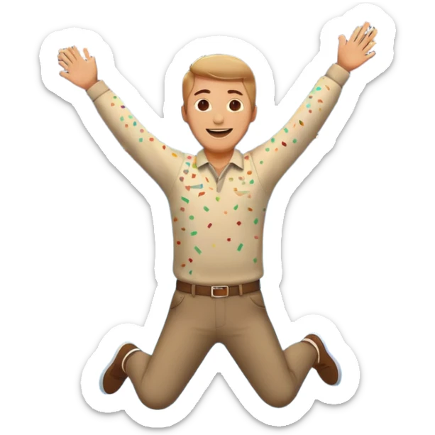 hombre sonriendo saltando con los brazos hacia arriba saltando, con fuegos artificiales, confites volando, sticker