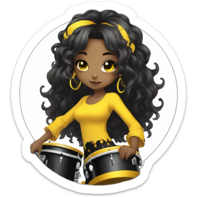 cute punk girl in yellow dress dark skin with yellow eyes and dark curvy hairs drummer anime style sticker