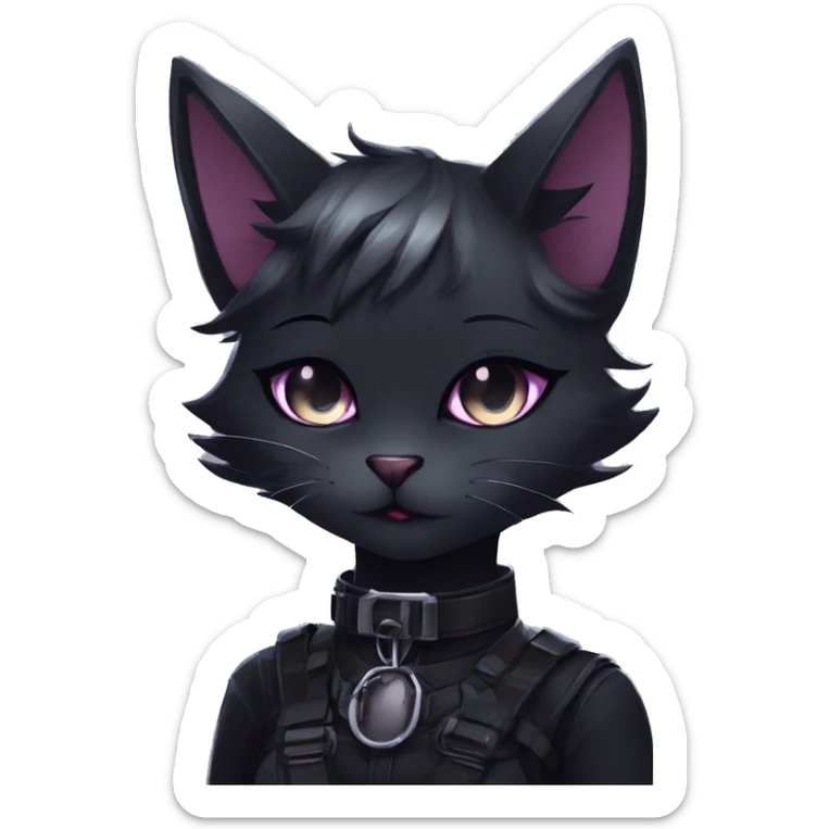 Gorgeous gothic dark techwear anime style anthro black cat furry with blushing face aesthetic and pretty edgy black with collar and harness trending style sticker