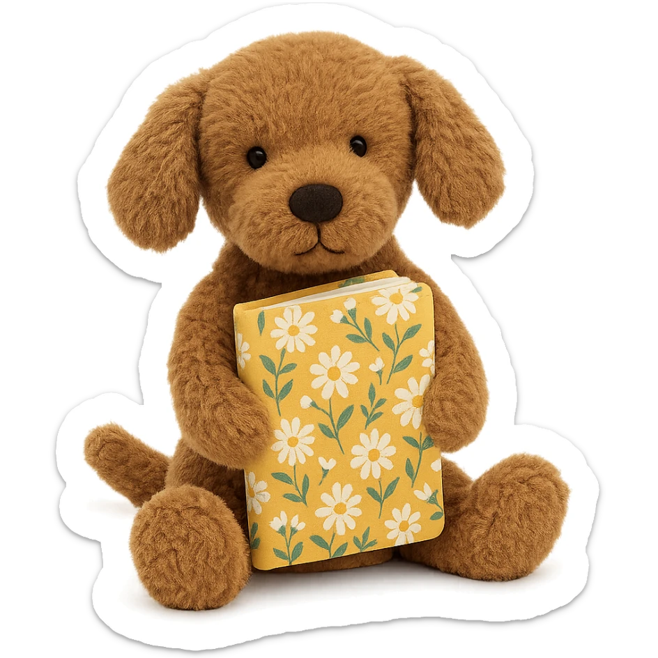 Jellycat style brown golden retriever puppy holding a yellow floral journal  sticker