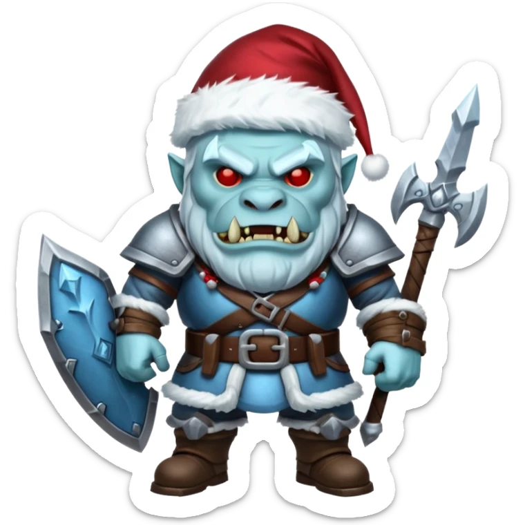 
Fantasy Christmas orc legion soldier icon, iron tundra army theme, heavy winter armor, disciplined brutal look, icy blue steel armor with deep crimson accents, frozen metal texture, cold winter atmosphere, male variant sticker