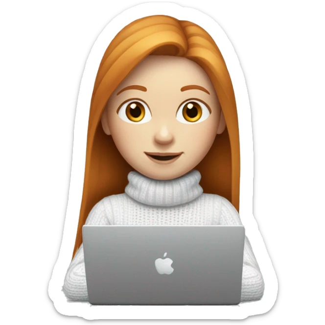 ginger girl with straight long hair and blue eyes in turtle neck white sweater working on a laptop sticker