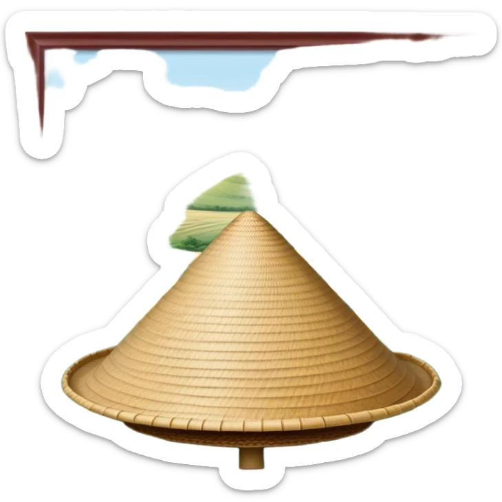 Cinematic Realistic image of an iconic conical hat (Nón Lá), rendered with detailed textures and subtle natural hues, set against a serene rural Vietnamese landscape with gentle, diffused lighting sticker