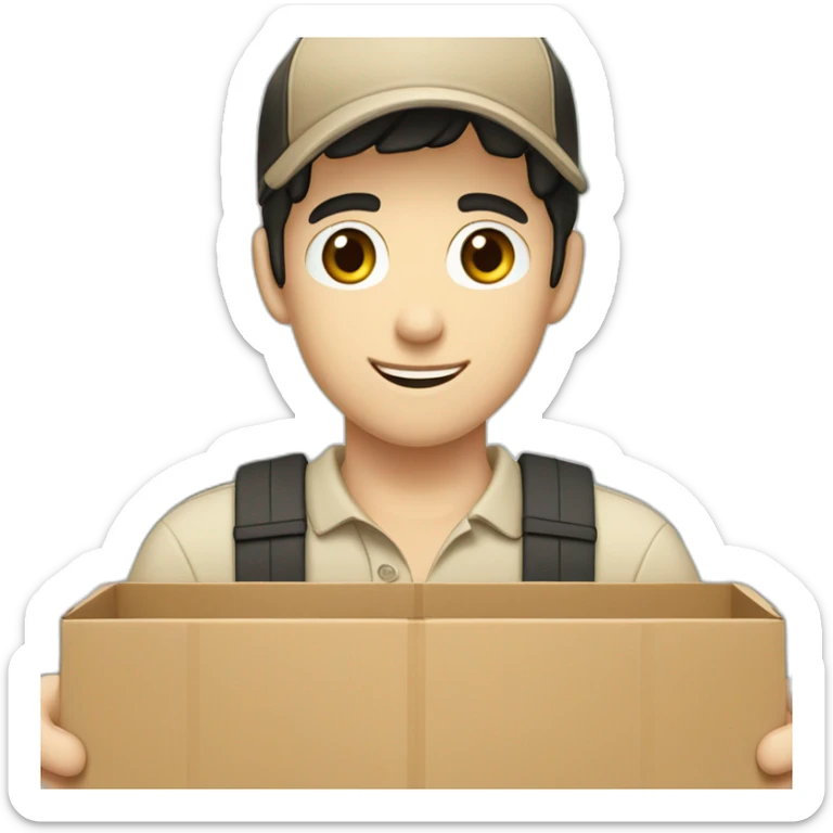 Pale skinned fit Man with black hair in a brown cap and beige polo T-shirt keeping a pasted box into his hands sticker