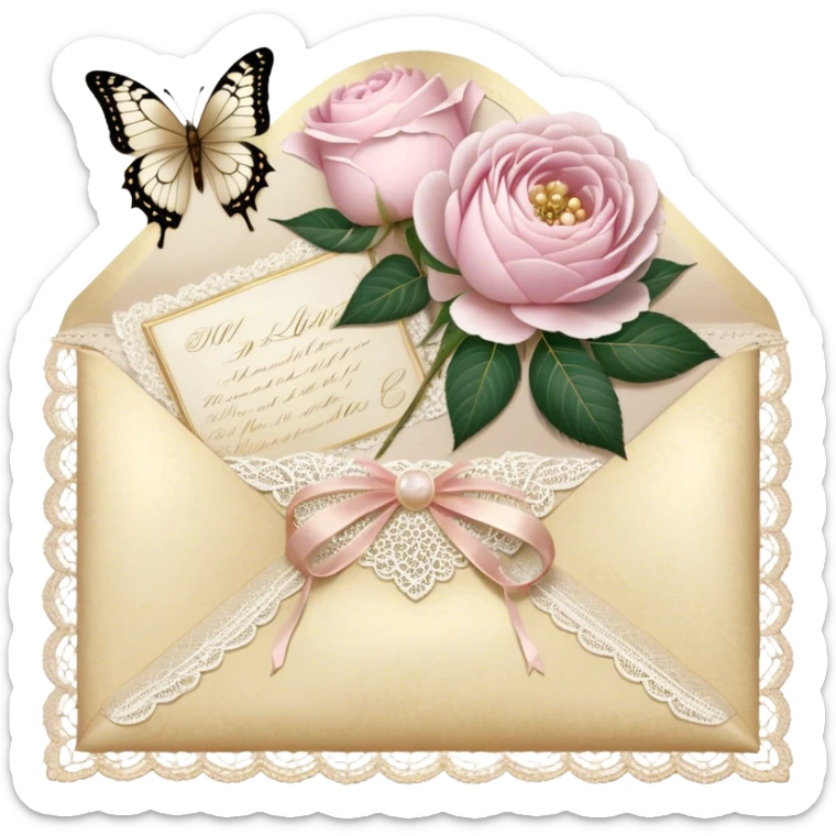 A delicate still life of an aged love letter sealed with golden wax, placed on a vintage lace doily, accompanied by a bouquet of pale pink roses and white peonies, with a shimmering pearl butterfly resting on the envelope. sticker