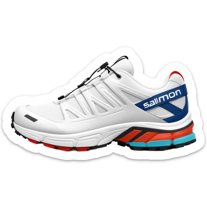 Clean white Salomon XT-6 sneakers with prominent colored Salomon logo stripe in the middle, one behind the other, iOS emoji style, white design with only the middle brand stripe in color sticker