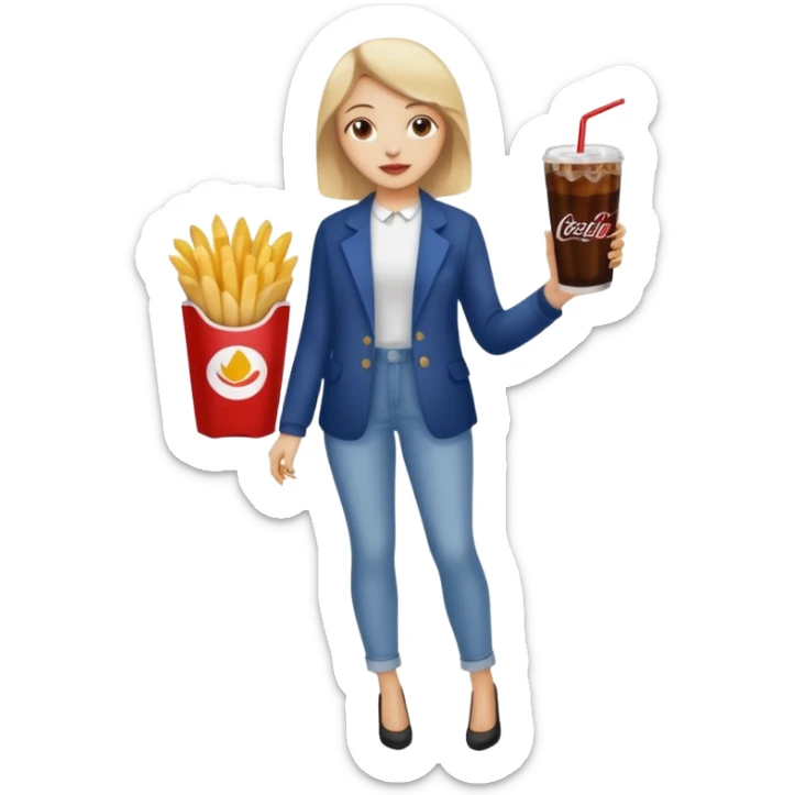 a young woman full length with cola in one hand and french fries in the other hand and a painting under her arm sticker