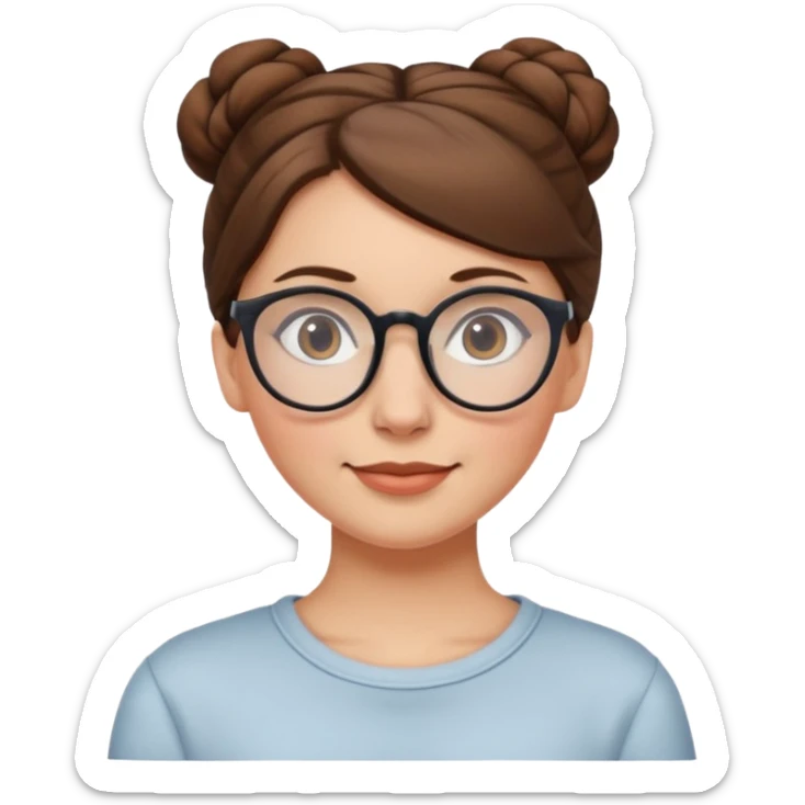 white European woman with brown hair in a bun, wearing glasses, friendly sticker