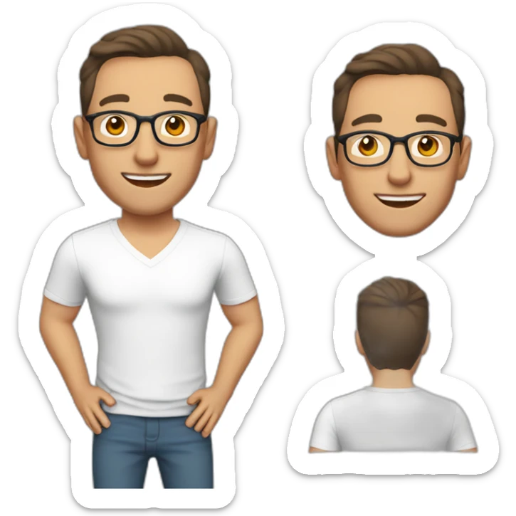 Middle aged gay male with brown hair, round glasses, earrings,silver necklace,smooth shaven sticker