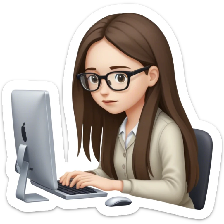 pale brunette girl with long hair wearing glasses working on computer looking down sticker