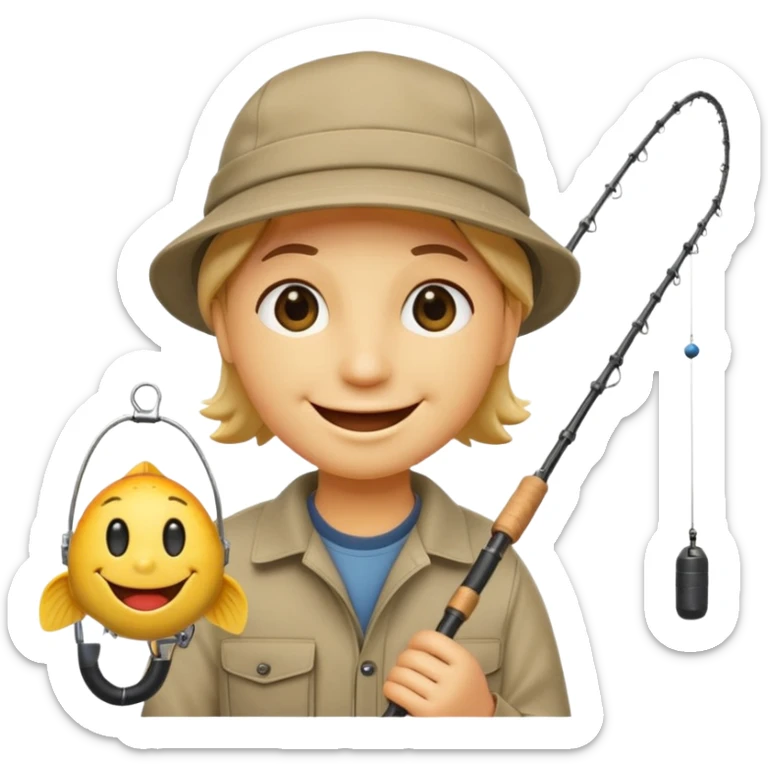 smiley face holding a fishing pole and wearing a fishing cap sticker