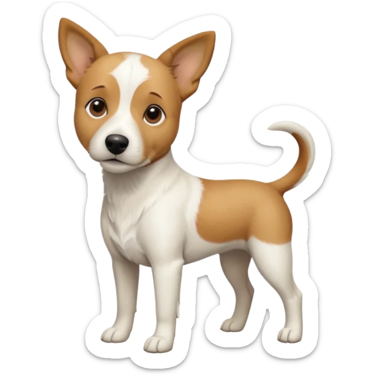 a full body facing front on of a buff white beagle cross jack russell terrier looking dog the size of a kelpie with light brown long ears resting on its face and a light brown patch above one eye and a large snout. the rest of the dog is completely white.  sticker