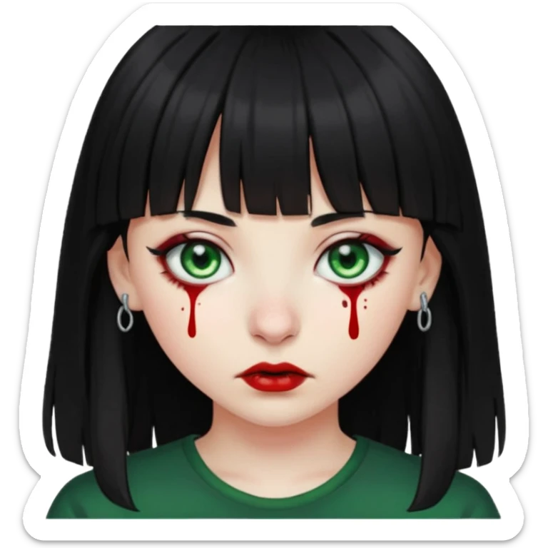 Guria com cabelo preto franjinha sangrando olhos verdes  fundo preto e um piercing bridgepiercing sticker