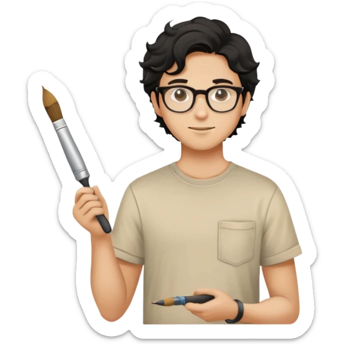 Young caucasian man with black wavy hair, round glasses, beige painting shirt, holding a square paintbrush sticker