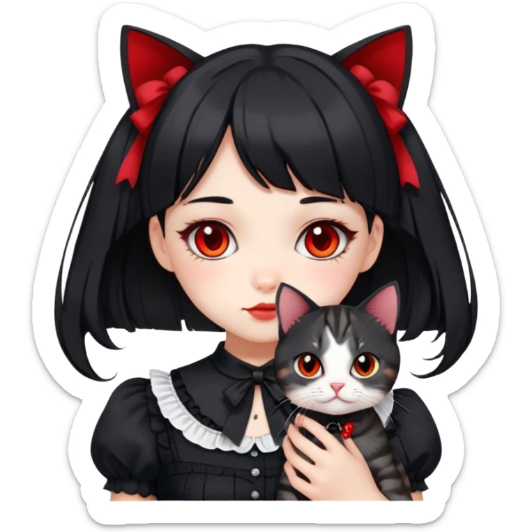 girl wearing black Lolita style dress, with medium-length black hair with red tips, and a black American Shorthair tabby cat sticker