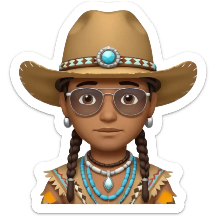 cute Indigenous tribal male portrait, head and shoulders only, cowboy hat, sunglasses, tribal jewelry, confident expression, 3D cartoon, mobile game icon style, clean background, no text, no watermark
 sticker