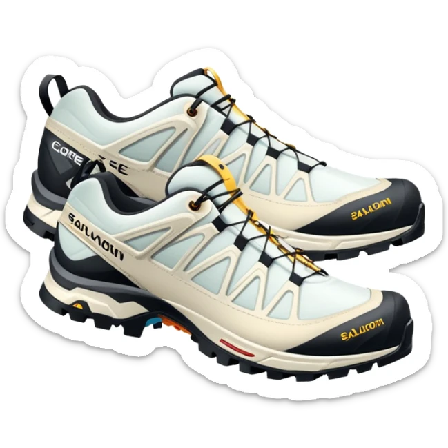 Minimalist iOS-style emoji of white Salomon XT-6 Gore-Tex shoes positioned as a pair with one behind the other, simple clean lines but recognizable technical hiking shoe details sticker