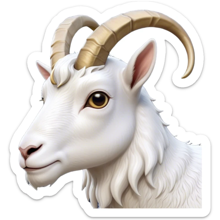 Cinematic Noble White Goat Portrait Emoji, Poised and regal, with a sturdy, agile build and a pristine, smooth white fur accented by gracefully curved horns, deep-set soulful dark eyes, Simplified yet sharp and sophisticated features, highly detailed, glowing with a soft, dignified glow, high shine, intelligent and spirited, stylized with an air of pastoral elegance, focused and attentive, soft glowing outline, capturing the essence of a watchful and confident goat, so majestic it feels as though it could leap out of the screen with effortless authority! sticker