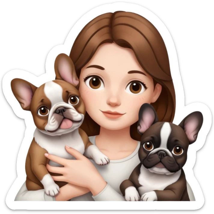 A brown haired girl holding two French bulldogs, one white and one black sticker