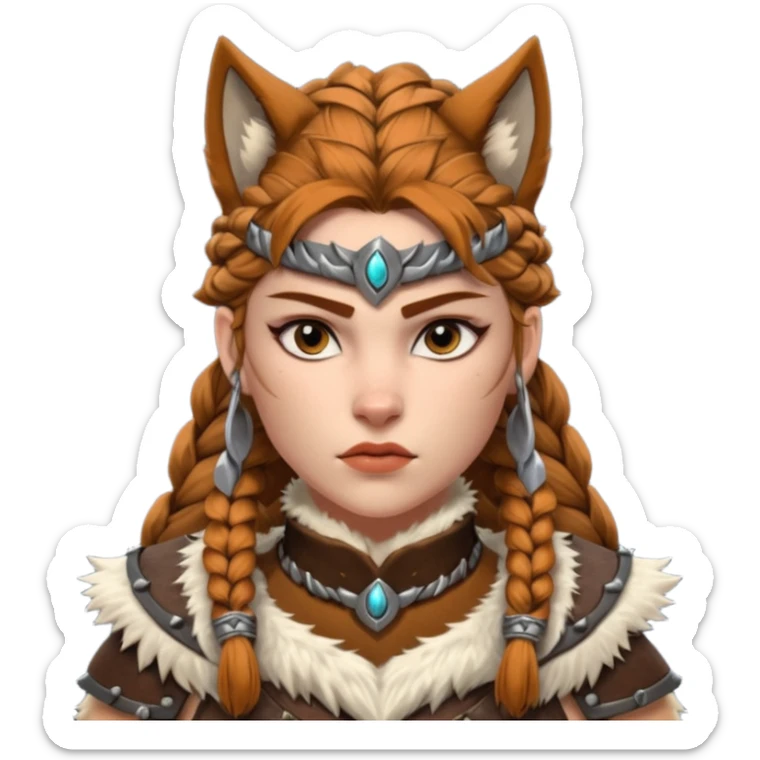 barbarian woman wolf rider portrait, head and shoulders only, fierce female warrior, fur-lined barbarian armor collar, wolf fur details, wild braided hair, intense eyes, tribal warrior vibe, fantasy style, 3D cartoon, mobile game icon style, clean background, no text, no watermark
 sticker