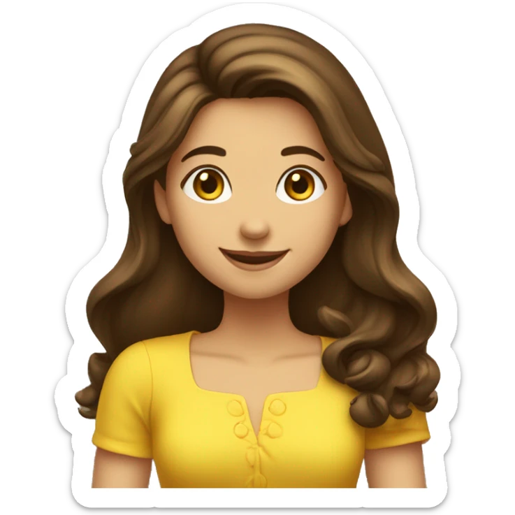 Brunette happy girl with long hair shake her hand for say hi! to someone. She is wearing a yellow dress sticker