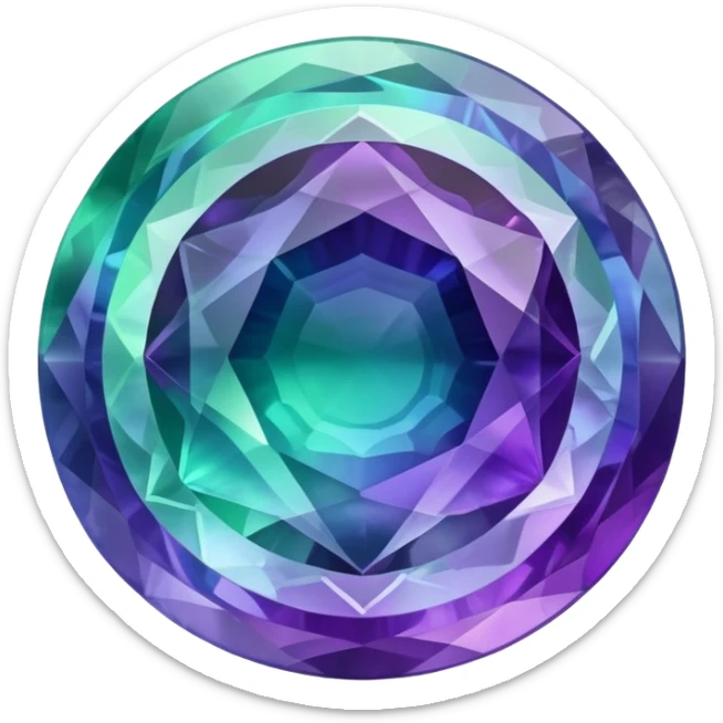 round cut fluorite gem with layered green, purple, and blue hues and holographic shine sticker