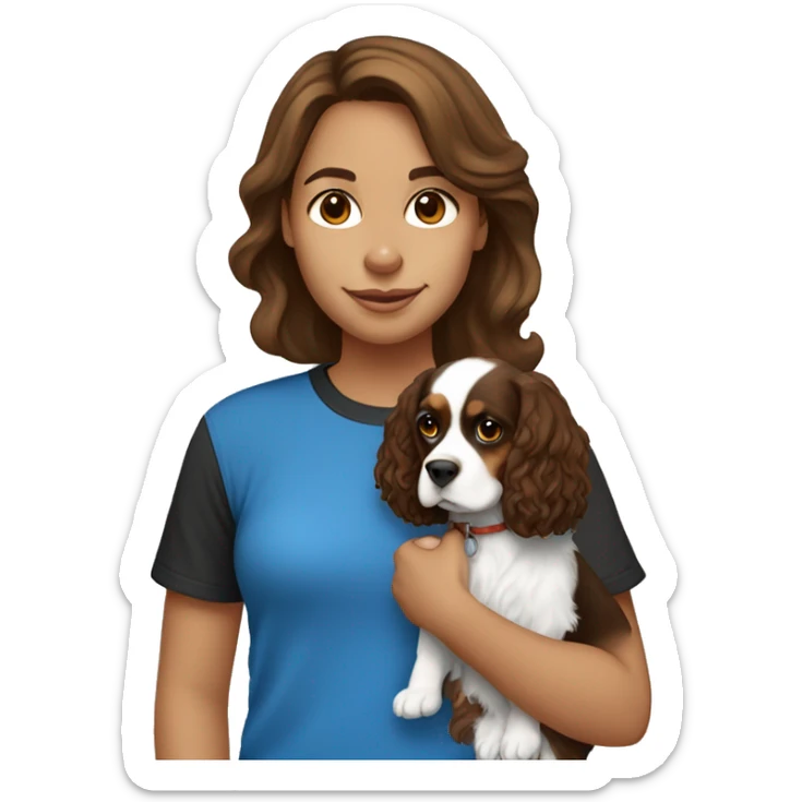 Girl with brown hair, wearing a blue baggy T-shirt, holding a black and white king cavalier, spaniel dog sticker