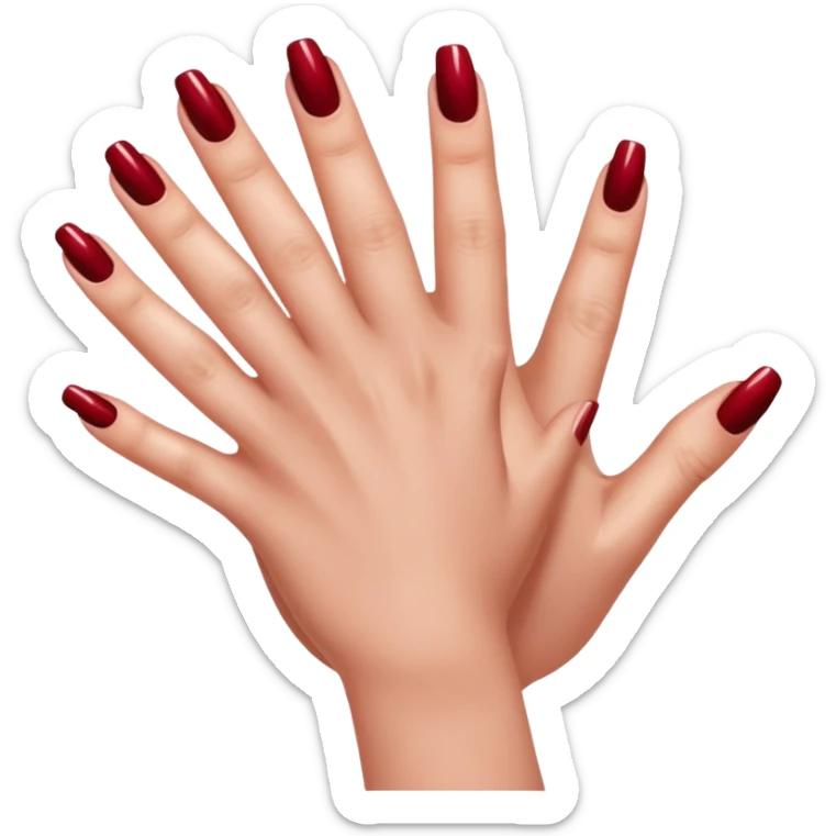 close-up of a left hand of a woman showing 3-4 fingernails out of five, painted in dark red nail polish, glossy finish, deep saturated red, smooth gradient, minimal details, clean and shiny
 sticker