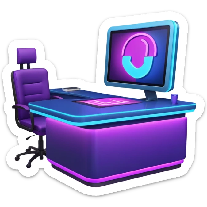 news anchor desk with neon glow effect, blue neon glow on top left, purple neon glow on bottom right sticker