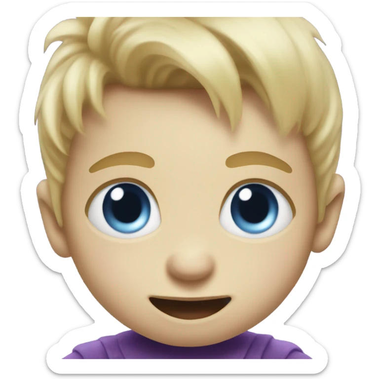 Little blonde hair blue eyed baby boy playing with a purple giant monster sticker