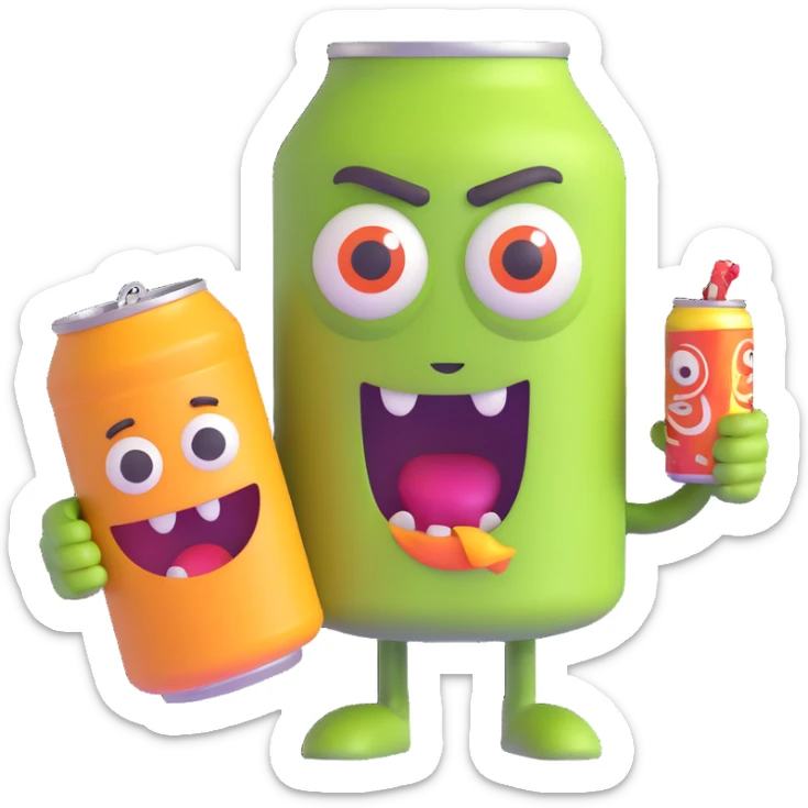 cartoon character strung out on Monster energy drink, wild eyes, jittery, holding a Monster can, 3D emoji style sticker