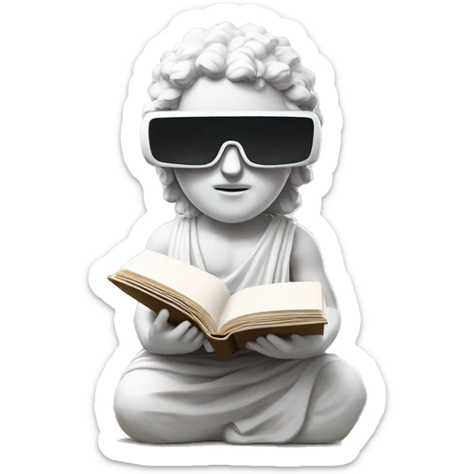 an EMOJI OF A ancient young greek statue reading a book, wearing VR glasses, white colors, DIGITAL UNIVERSE sticker