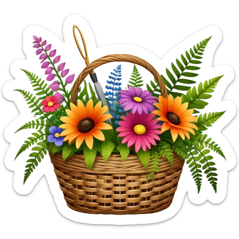 Icon for Floristry: a bouquet of flowers in a woven basket, with reeds, ferns and floral arranging tools like scissors and a flower stem. The icon should represent creativity in flower design and arranging. Transparent background. sticker