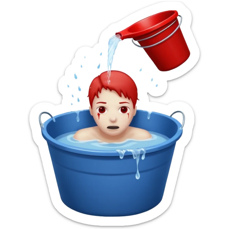 a person dunking their head into a bucket of water that turns into blood sticker