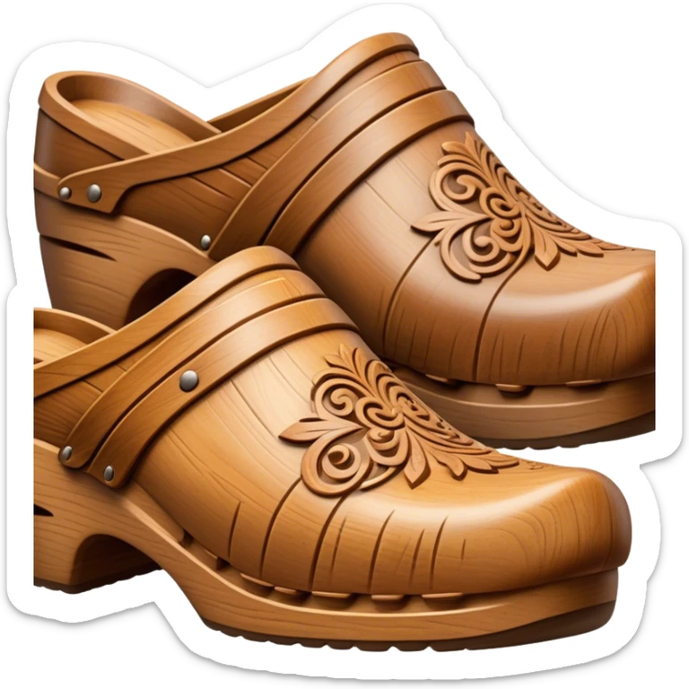 Cinematic Realistic Wooden Clogs Emoji, depicted as a pair of traditionally carved wooden clogs with intricate details and rustic charm. sticker