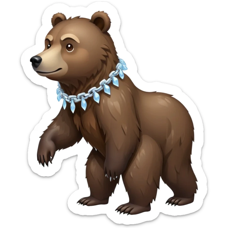 Complete view of serious grizzly bear on four paws, dark brown fur, whole body shown from head to tail, thick ice chain collar sticker