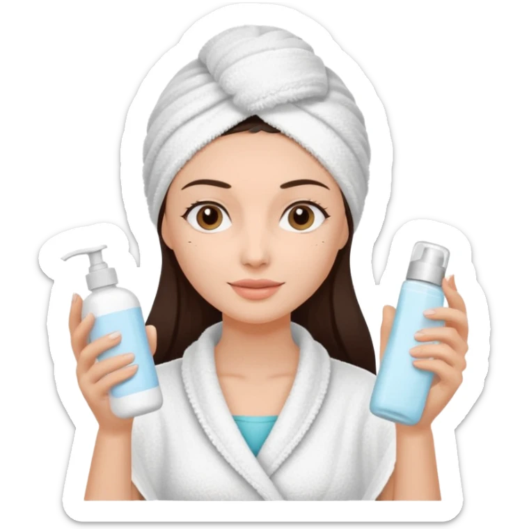 Uma mulher de toalha na cabeça pq ela acabou de sair do banho. A pele é branca/clara e cabelo marrom escuro, cabelo liso.  Ela tá com um hidratante nas mãos,  pq ela vai cuidar da pele sticker
