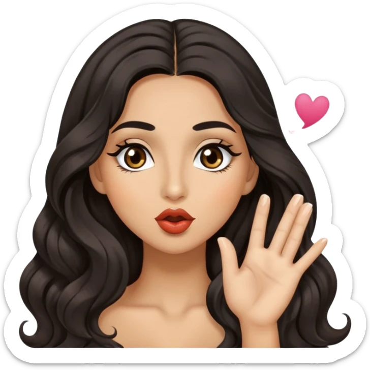 woman with olive skin, brown eyes and long lashes, and long black wavy hair blowing a kiss sticker