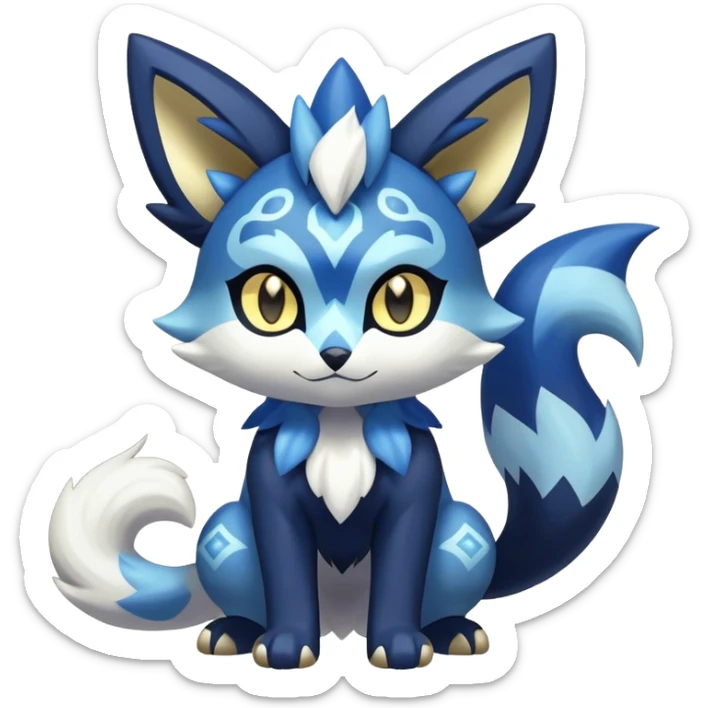 Shiny mExotic Colorfulj Excessive Mysterious Gothic Meowstic-Zorua-Poochyena-Pokémon-Fakémon-hybrid-creature (full body) with pattern-markings with golden eyes sticker