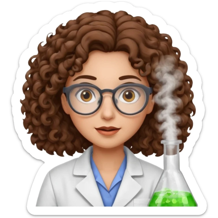 A crazy female scientist, with curly brown hair, brown eyes and grey glasses sticker