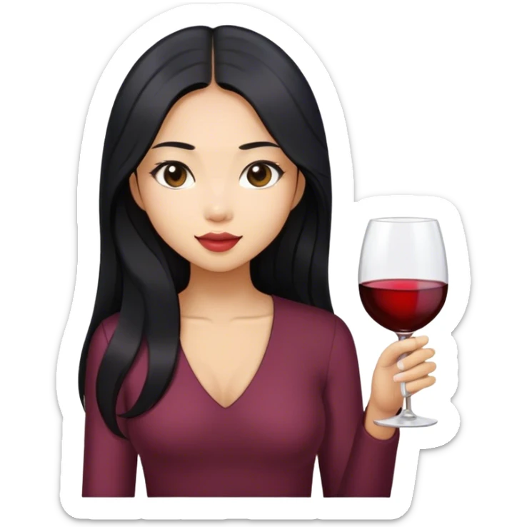 tan asian girl with black long hair holding glass of wine sticker
