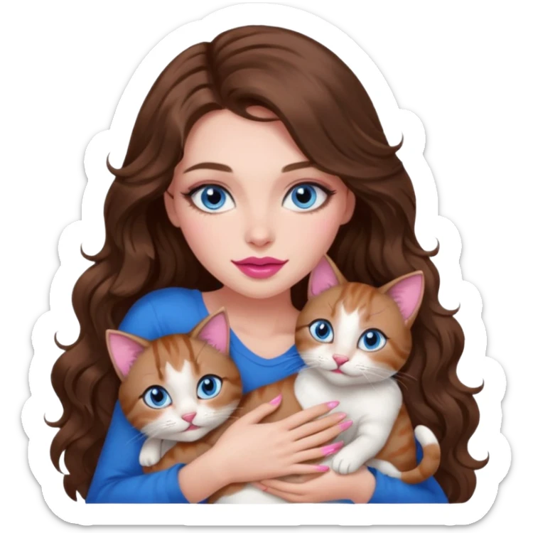 girl with long wavy brown hair, blue eyes, long lashes makeup, sexy pink lips, cuddling with 6 cats sticker