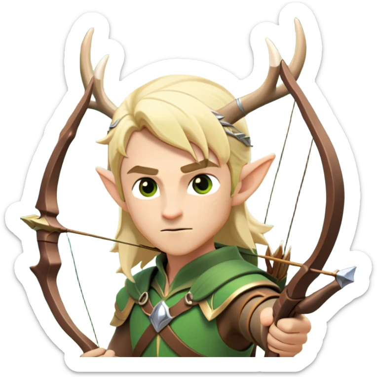clash-of-clans-aesthetic-blond-male elf-archer-portrait-emoji, rendered in a flat, vector-style with minimal shading and bold holding his bow, simplified shapes, head tilted slightly forward with a determined, focused expression, riding a majestic stag whose antlers glow with mystical energy, set against an ancient, enchanted forest backdrop. sticker
