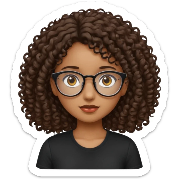 Light brown skin girl, ground eyes with glasses, dark brown eyes, curly hair dark brown waist down, short sleeve black shirt sticker
