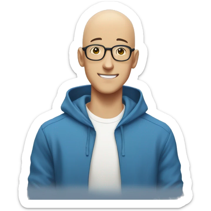 bald saitama in his 20s wearing glasses smiling in a blue hoodie sticker