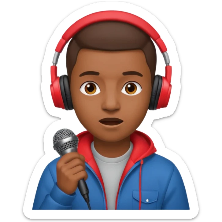 emoji de persona haciendo beatbox con un micrófono y unos audífonos rojos puestos sticker